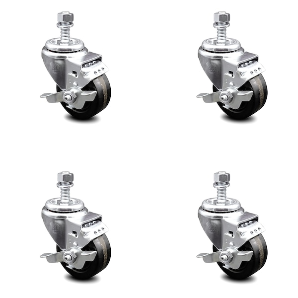 3 Inch Phenolic Wheel Swivel 12mm Threaded Stem Caster Set with Brake SCC